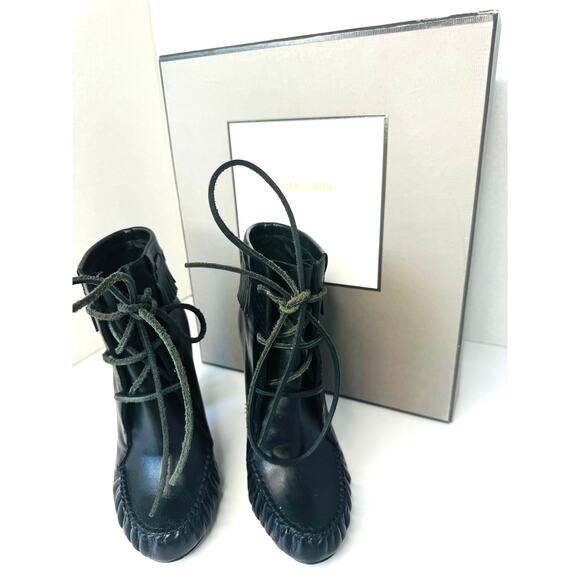 Tom Ford Black Leather Fringe Lace-Up Ankle Boots Size 35.5 Block Heel Booties - Picture 2 of 10